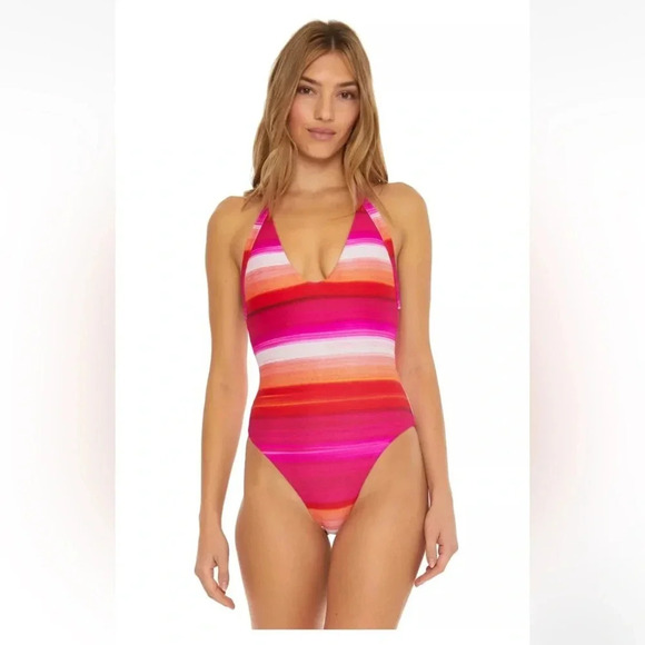 TRINA TURK Pink Orange Solstice Stripe Plunge Halter One Piece Swimsuit Size 14 - Picture 6 of 15